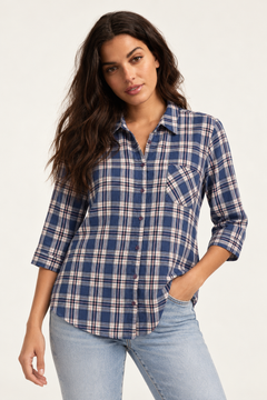 Cotton Plaid Shirt with 3/4 Sleeves- Size: L