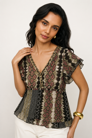 Empire Waist Blouse in Sheer Fabric- Size: L
