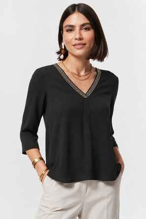 Studded V-Neck Top in Classic Black- Size: S/M