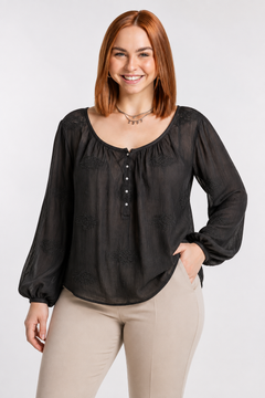 Sheer Embroidered Blouse in Black- Size: XXXL