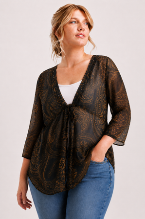Silk Black & Gold Cardigan Blouse - Size: XL