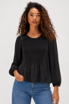 Smocked Chiffon Blouse in Black - Size: S