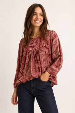 Balloon-Sleeves Blouse in Burgundy- Size: M