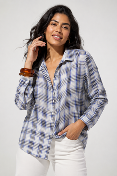 Cotton Plaid Shirt in Shades of Blue- Size: M/L