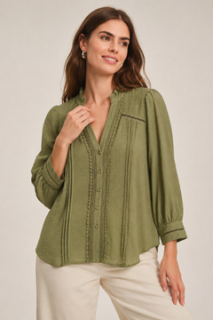 Olive Green Textured Blouse - Size: L