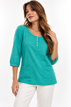 Embroidered Cotton Blouse in Teal- Size: S/M