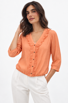 Ruffled V-Neck Blouse in Peach - Size: S/M