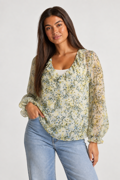 Floral V-Neck Ruffle Blouse - Size: L