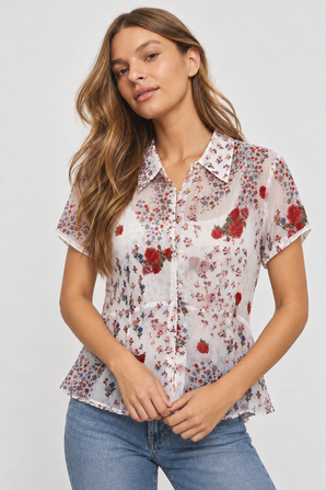 Red Rose Blouse in Sheer Viscose- Size: M/L