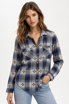 Cotton Flannel Shirt with Aztec Design- Size: S