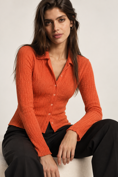 Crinkled Button-Down Shirt in Orange - Size: S/M