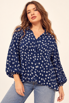 Navy Pleated Blouse with Balloon Sleeves - Size: XL