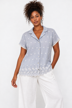 White & Blue Embroidered Nightwear- Size: XXL