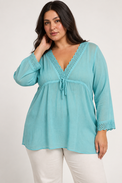 Lace Trim Blouse in Light Turquoise- Size: XXXL