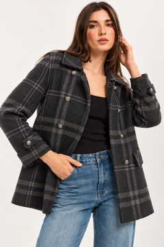 Dark Plaid Double-Breasted Peacoat - Size: M