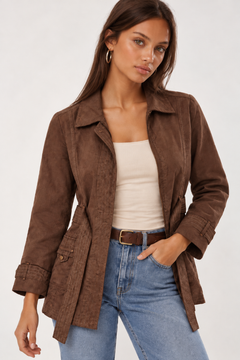 Brown Stitched Faux Suede Jacket - Size: M/L
