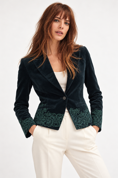 Embroidered Velvet Blazer in Teal- Size: M