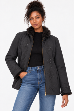 Embroidered Sequin Faux Fur Jacket - Size: XL