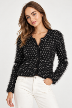 Eyelash Fuzzy Knit Cardigan - Size: XS