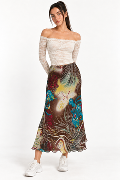 Patterned Chiffon Skirt with Flared Hem- Size: M/L
