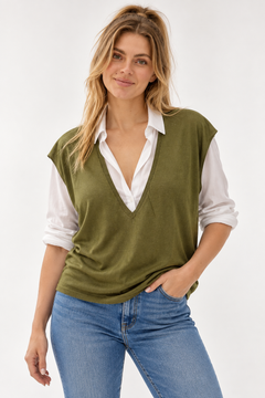 Deep V-neck Vest in Olive Green - Size: XL/XXL