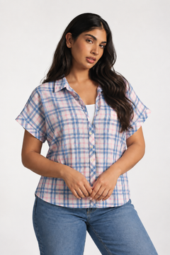 Pink Blue Plaid Collared Shirt - Size: XL/XXL