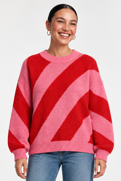 Diagonal Stripe Crewneck Knit Jumper - Size: M/L