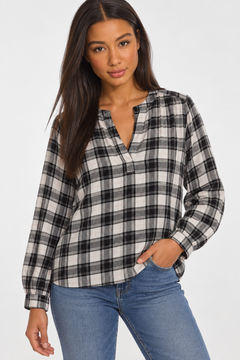 Plaid V-Neck Blouse in Cotton Viscose- Size: M