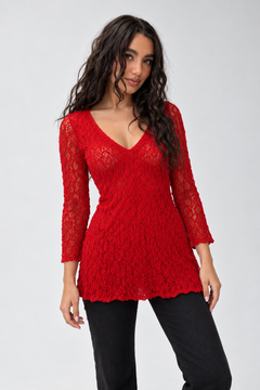 Floral Crochet Top in Hot Red- Size: XL(Fits: M/L)