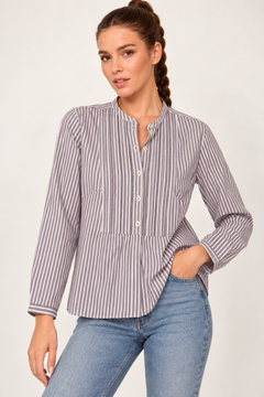 Striped Cotton Blouse with Mandarin Collar- Size: M