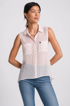 White & Pink Polka Dot Blouse - Size: XS
