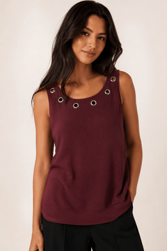 Grommet Detail Top in Burgundy - Size: S/M
