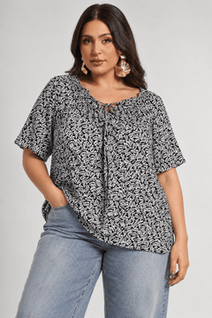 Black and White Leaf Print Blouse - Size: XXL
