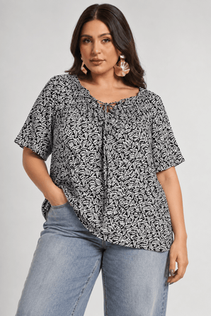 Black and White Leaf Print Blouse - Size: XXL