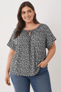Black and White Leaf Print Blouse - Size: XXL