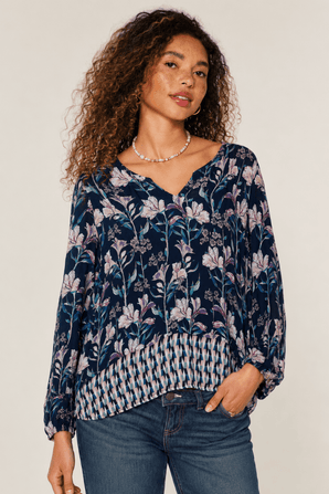 100% Viscose Blouse in Navy & Lavender - Size: S