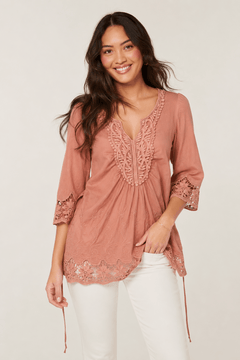 Embroidered Lace Blouse in Peach - Size: S/M