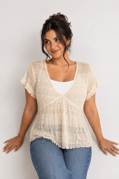 Smocked V-Neck Top in Cream- Size: M/L