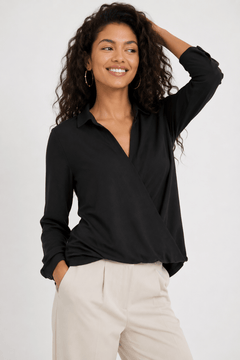 Black Wrap Blouse in Classic Look - Size: XS