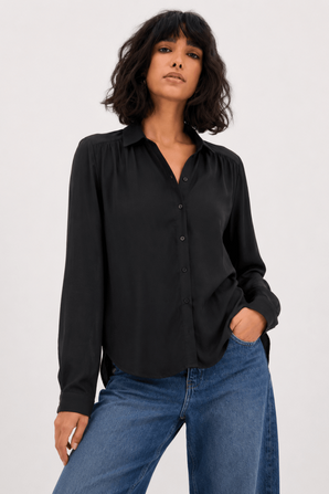 Classic Button-Up Blouse in Black- Size: S