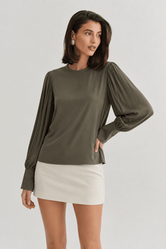 Olive Green Puff Sleeve Blouse - Size: S