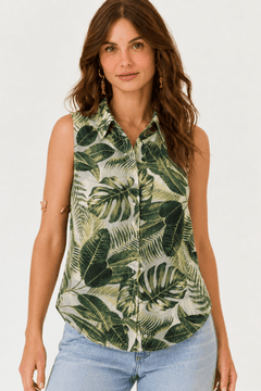 Forest Leaf Print Sleeveless Blouse- Size: S/M