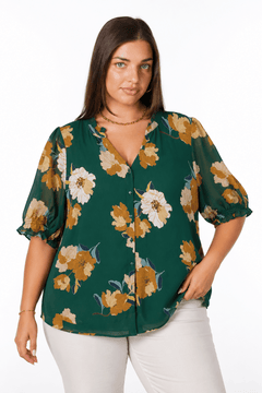 Ochre Floral Print Blouse in Teal- Size: XL
