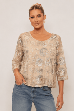 Embroidered Sequin Floral Blouse - Size: M