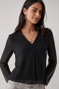 Black V-Neck Blouse with Sheer Sleeves - Size: XS