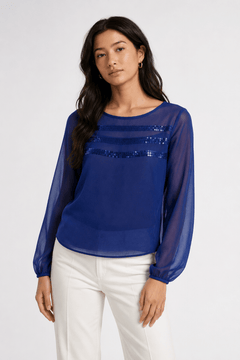 Sheer Sequined Blouse in Royal Blue- Size: S