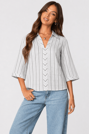 White Pinstripe Structured Blouse - Size: S/M