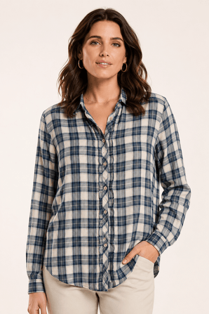 Ruffle Front Shirt in Earth Tones- Size: M/L