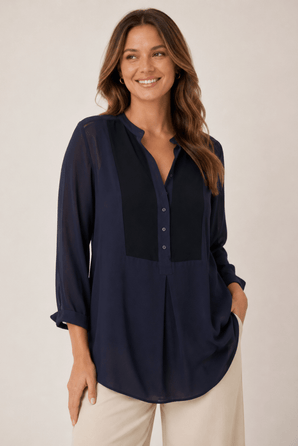 Contrast Panel Blouse in Classic Black- Size: XL