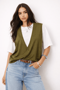 Deep V-neck Vest in Olive Green - Size: XL/XXL